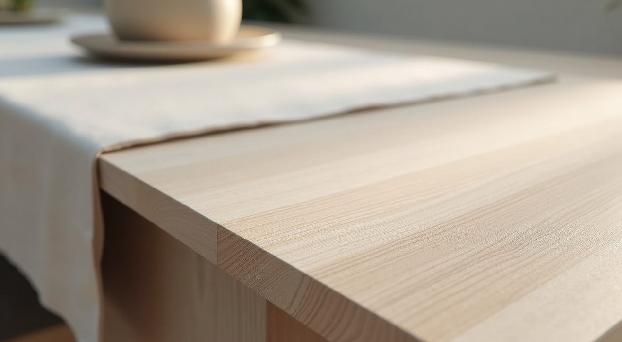 Close up of pale oak veneer and sintered stone tabletop for a Scandinavian Singapore dining table