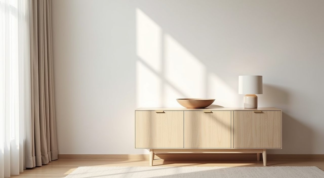 Low pale timber Scandinavian sideboard in a Singapore apartment dining area