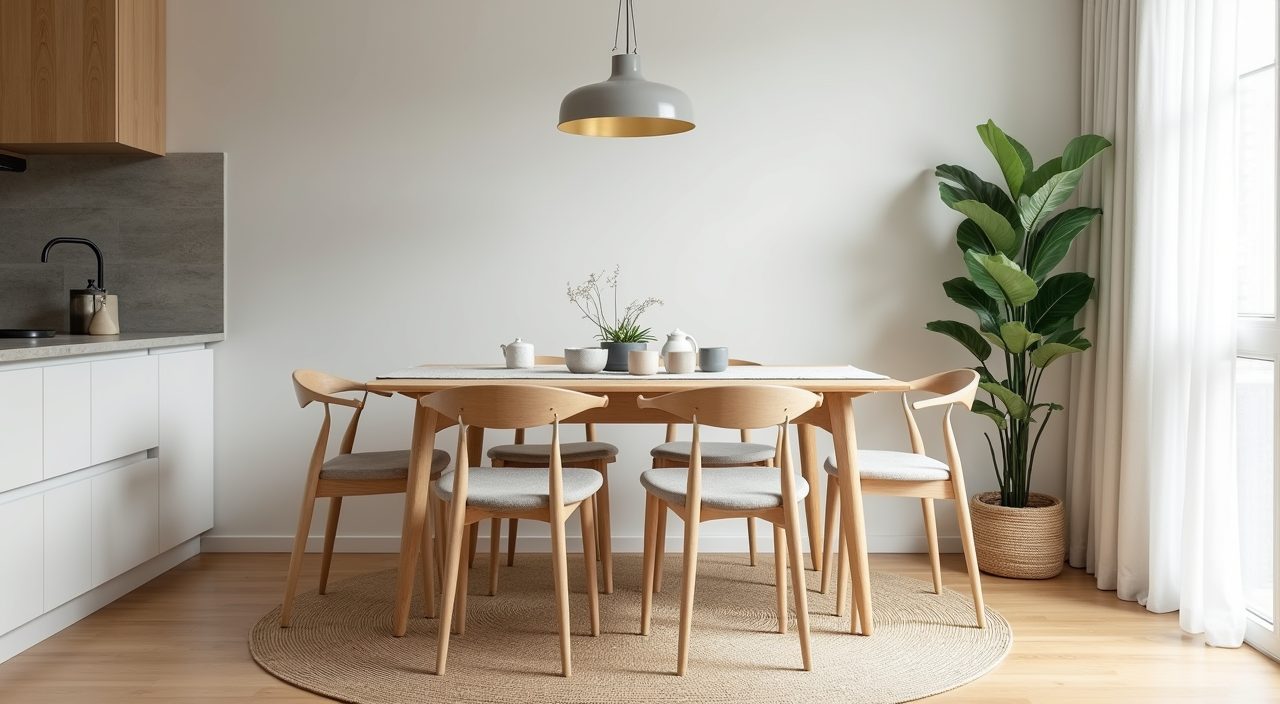 Scandinavian Singapore dining corner with snake plant, flatweave rug and linen texture