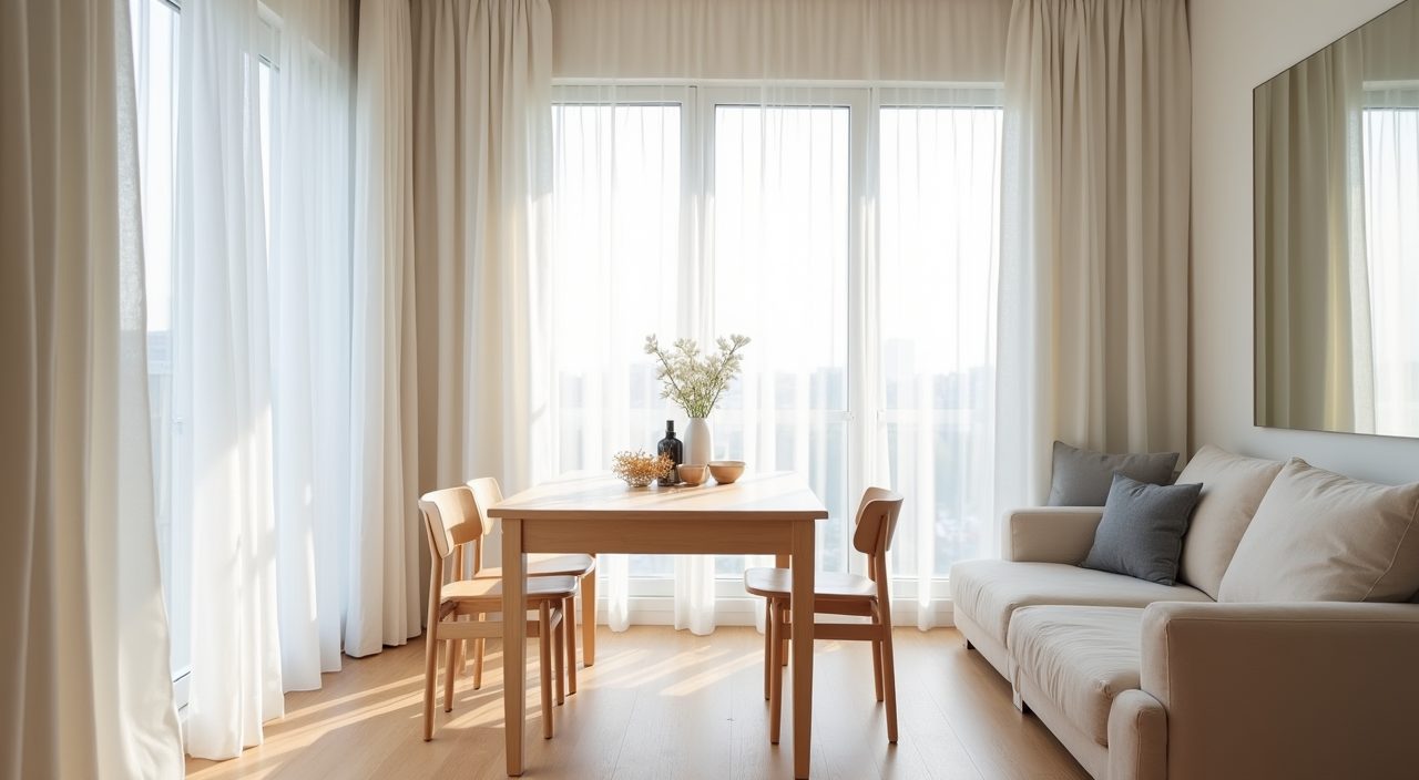 Scandinavian dining area beside a window with sheer curtains and mirror in a Singapore condo