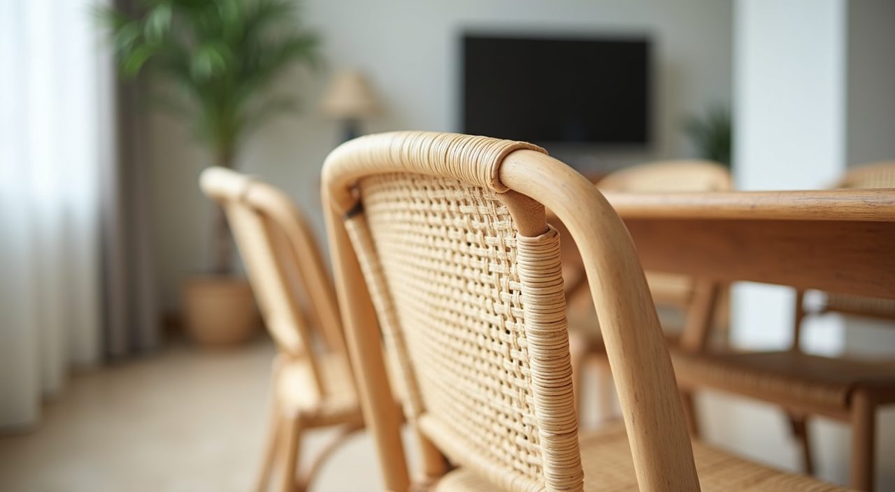 Close up of a woven rattan and light wood Scandinavian dining chair in a Singapore home