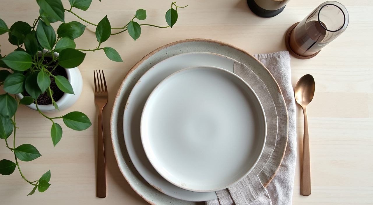 Overhead Scandinavian dining tablescape with ceramic plates and linen in a Singapore home