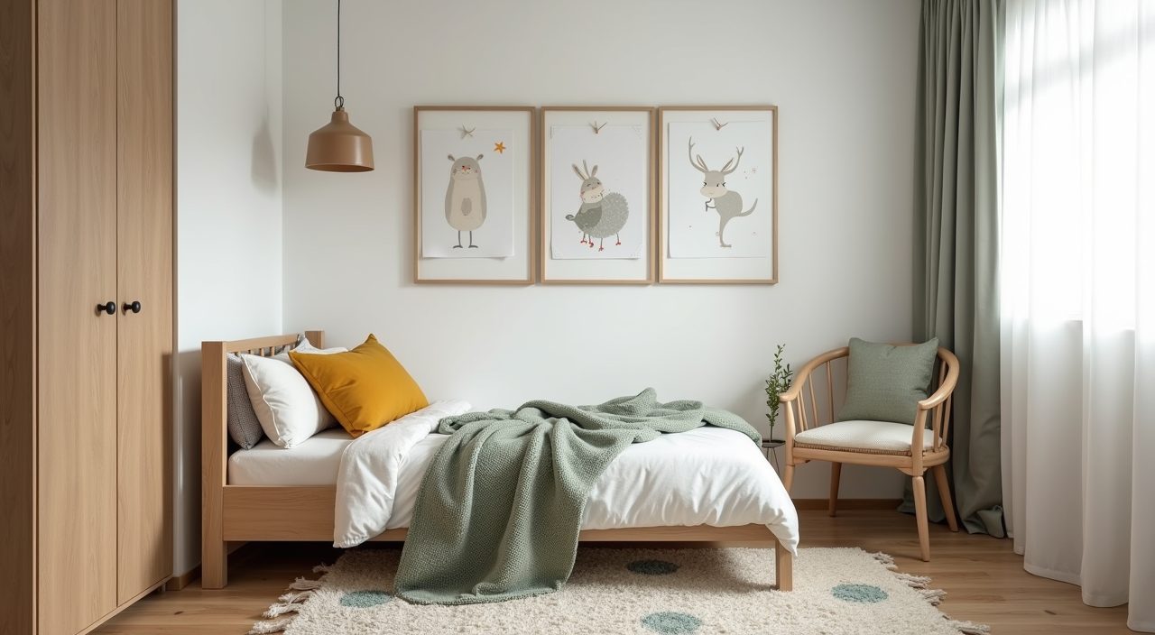 Scandinavian kids room textiles in Singapore with mustard cushion, sage throw and framed prints