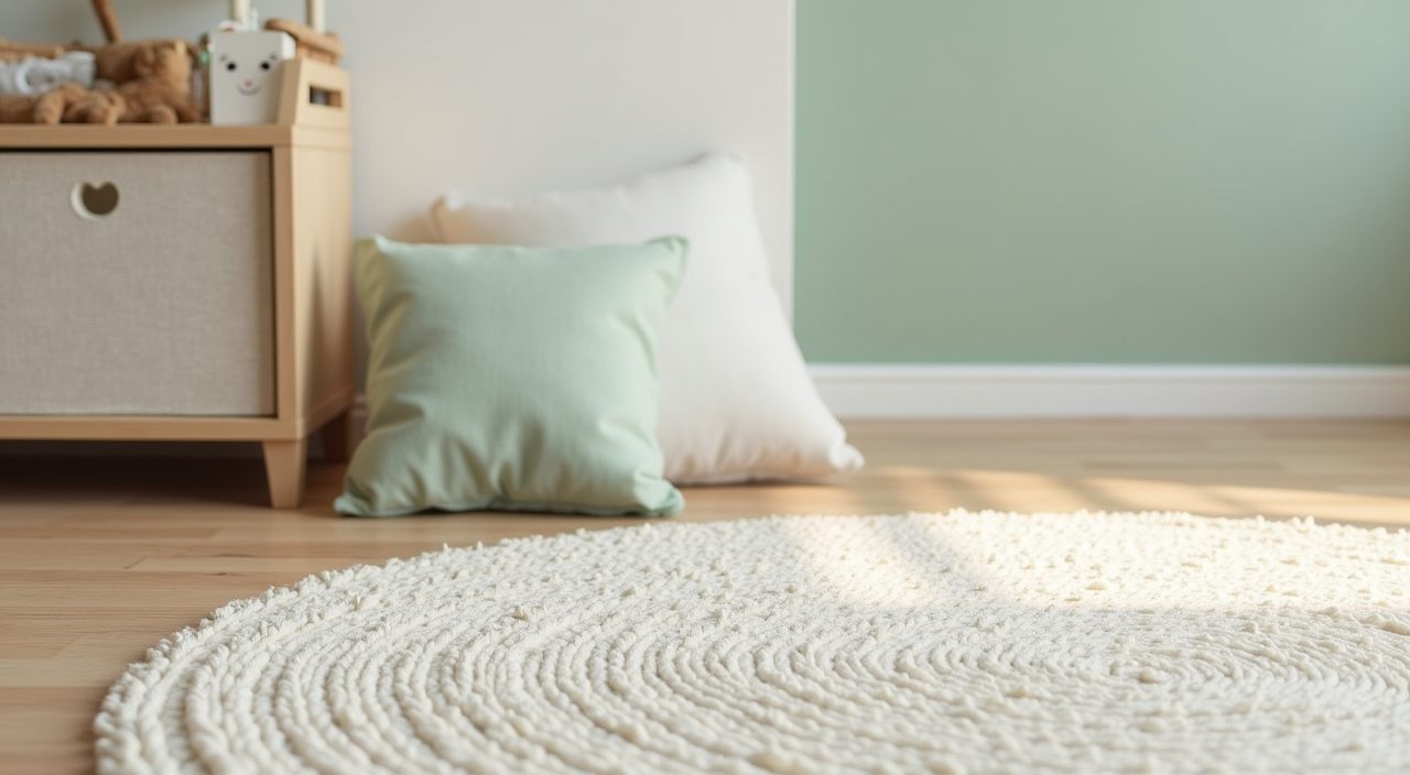 Close up of a flat weave rug and washable cushion in a Scandinavian Singapore kids room