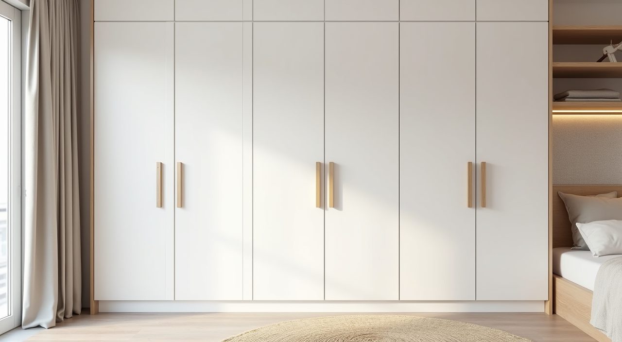 Floor to ceiling Scandinavian storage wardrobes in a small Singapore kids bedroom