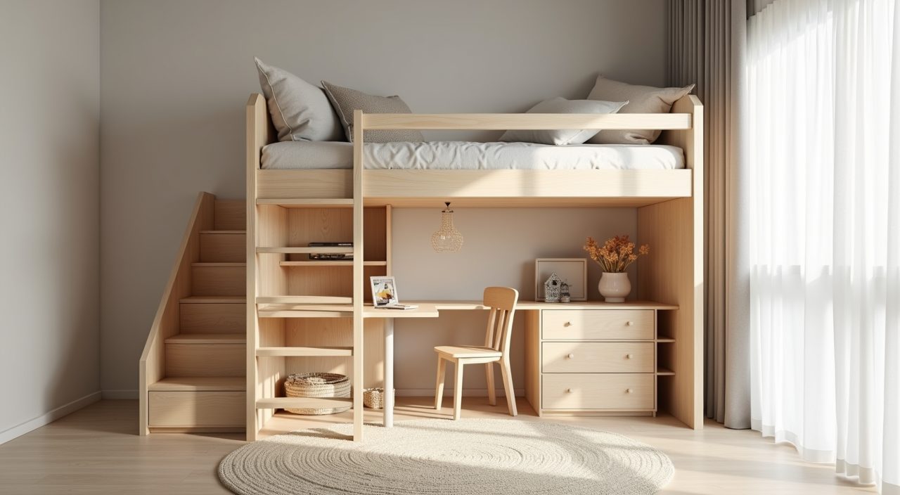Scandinavian loft bed with study desk underneath in a Singapore kids bedroom
