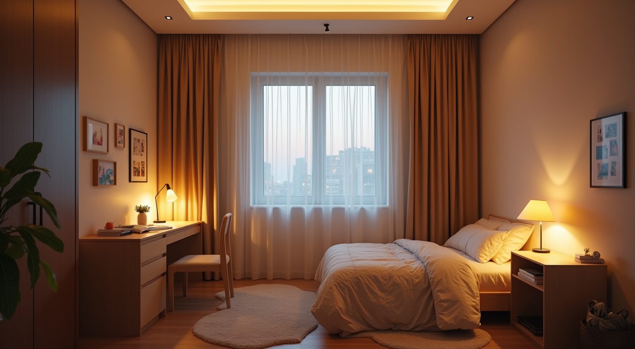 Layered warm lighting in a Scandinavian Singapore kids bedroom at dusk