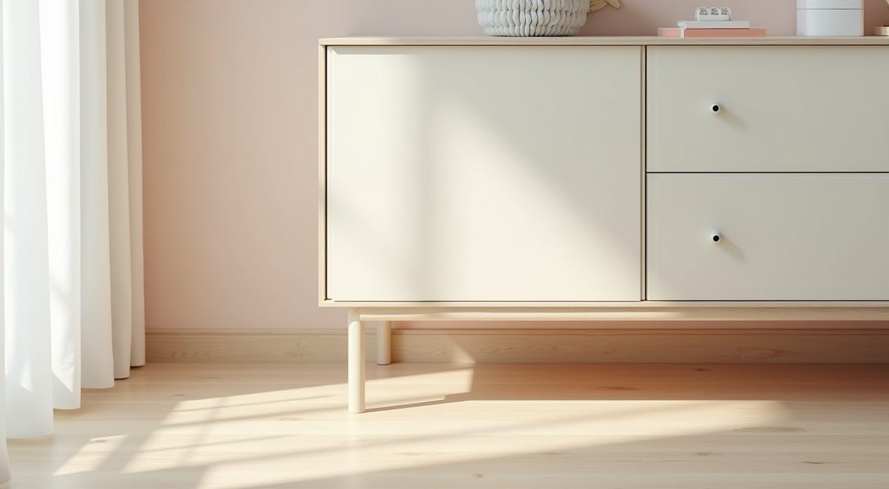 Close up of durable pale laminate, veneer and vinyl finishes in a Scandinavian Singapore kids room