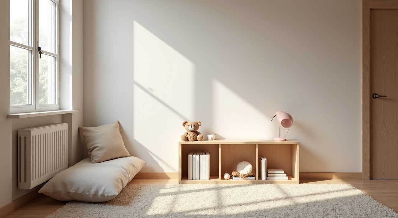 Scandinavian reading nook corner with floor cushion and low shelf in a Singapore kids room