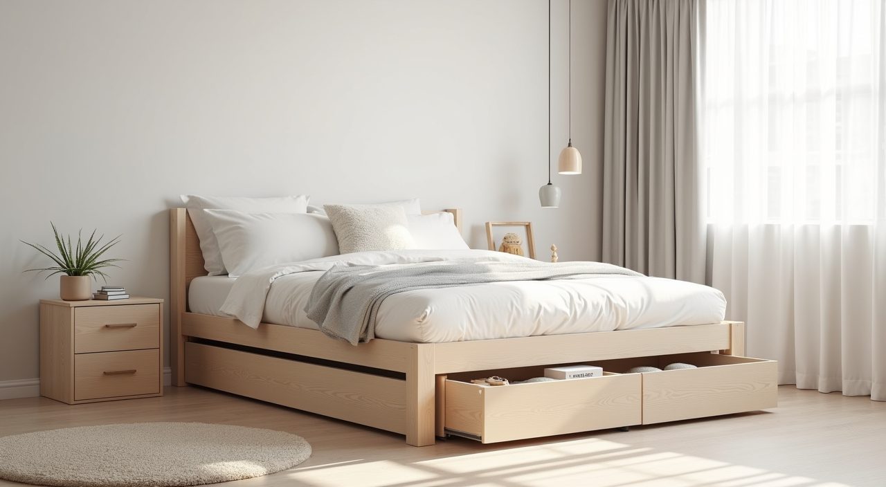 Low Scandinavian platform bed with storage drawers in a Singapore kids bedroom