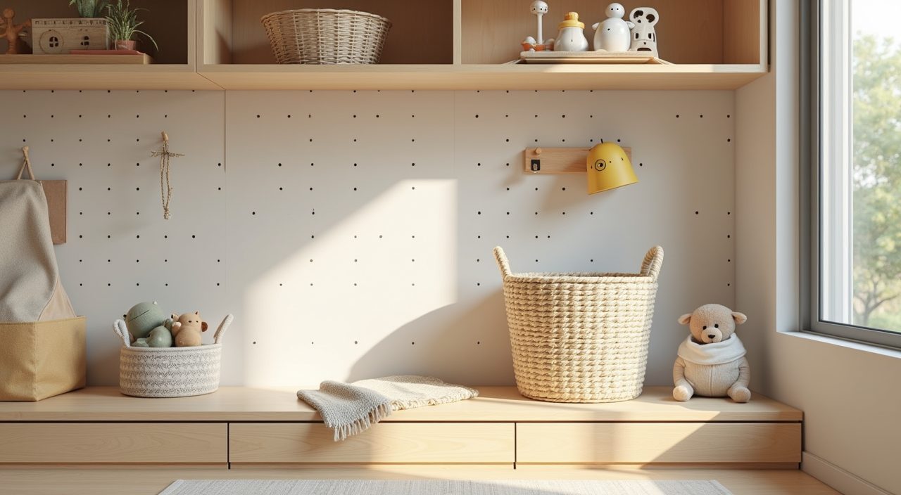 Scandinavian pegboard and open shelf storage detail in a Singapore kids room