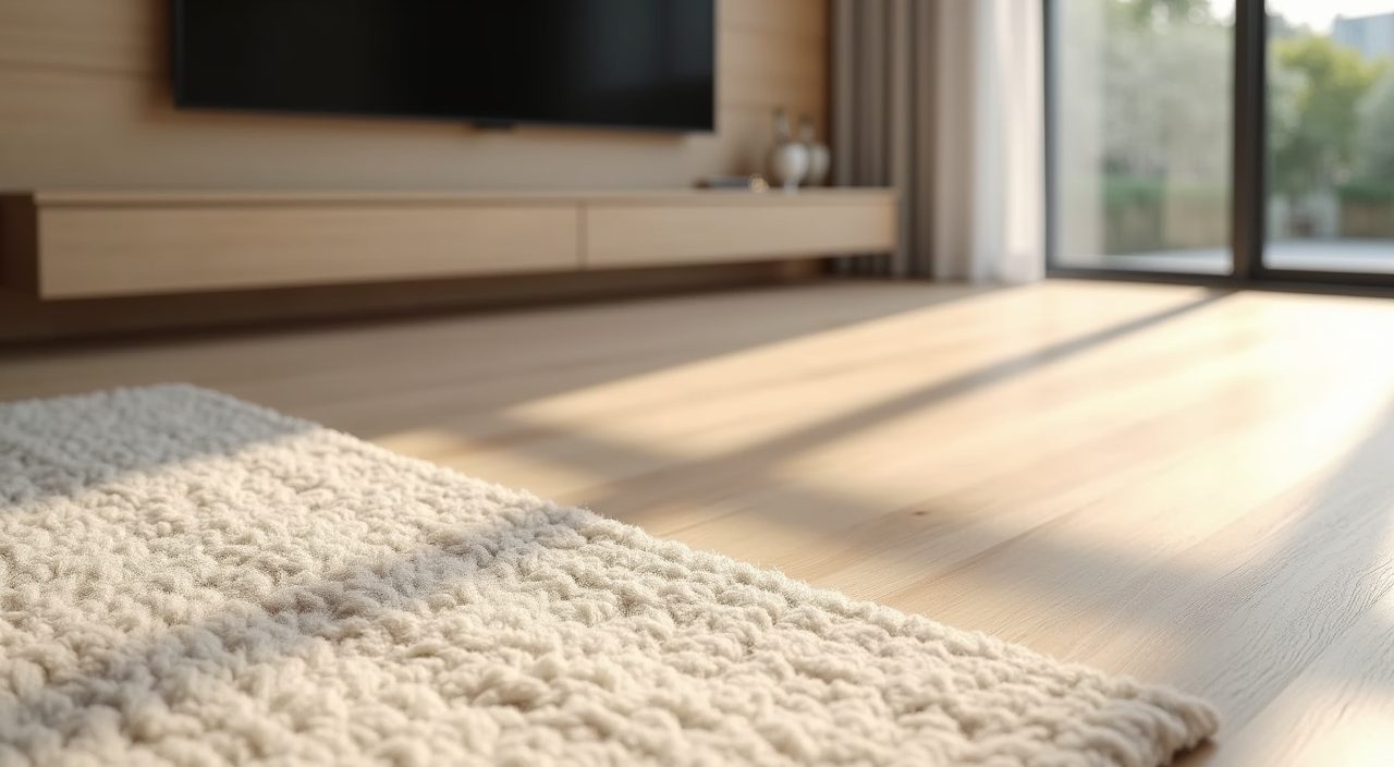 Scandinavian living room detail of pale engineered wood laminate flooring and light wood feature wall in a Singapore home