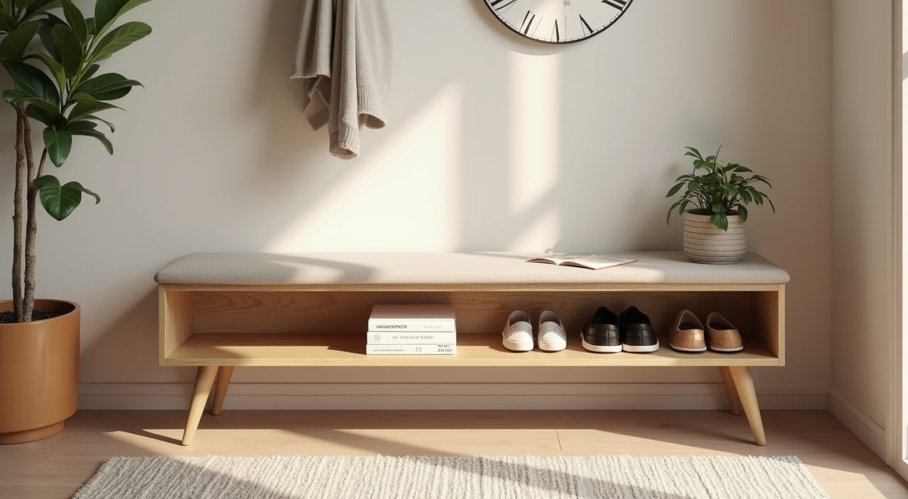 Scandinavian entry bench with hidden storage and floating shelf nook in a Singapore living room