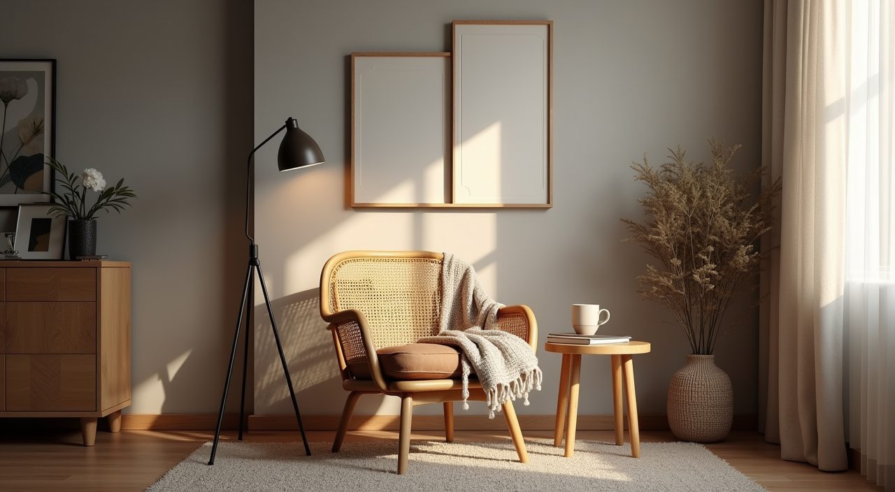 Scandinavian reading nook with cane chair, floor lamp and knit throw in a Singapore living room