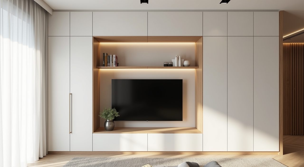 Scandinavian built-in storage feature wall with concealed cabinets and clear surfaces in a Singapore living room