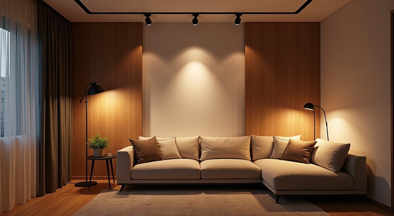 Layered warm lighting with track downlights and floor lamp in a Scandinavian Singapore living room at dusk