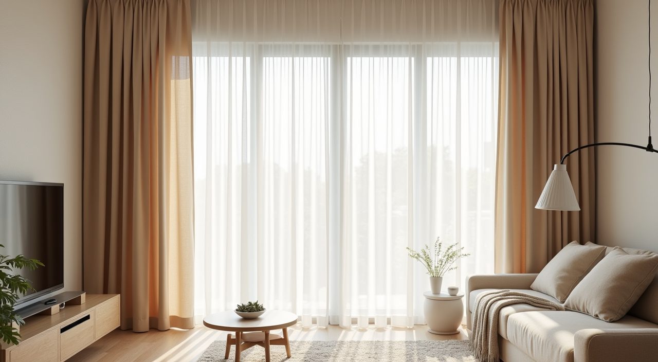 Floor to ceiling sheer curtains diffusing daylight in a Scandinavian Singapore living room window