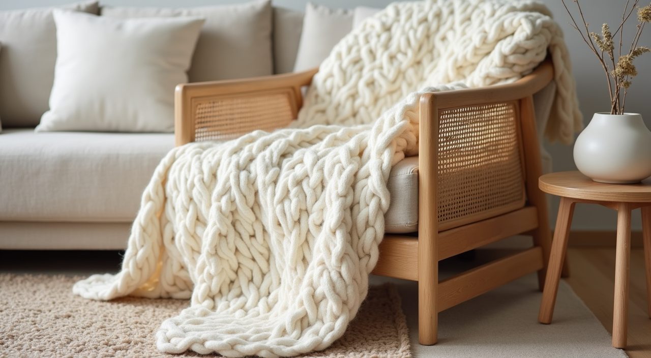Scandinavian living room texture detail with knit throw, wool rug and cane chair in a Singapore home