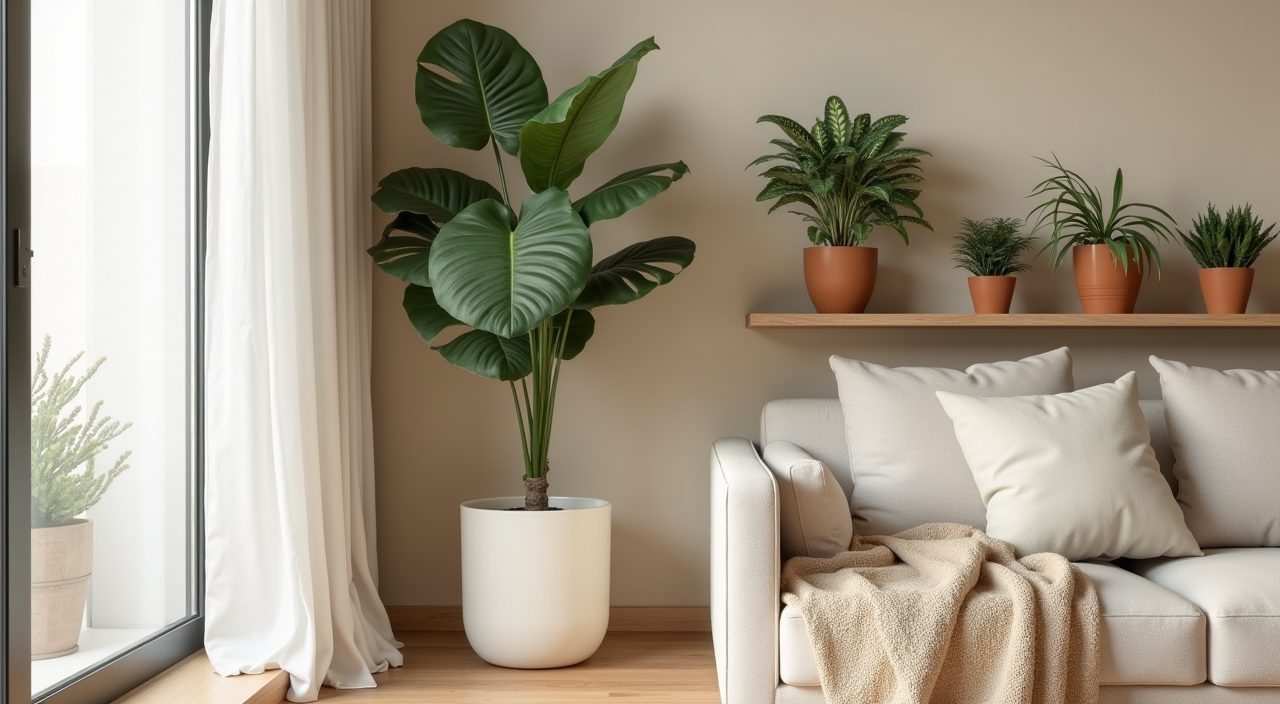 Scandinavian living room corner with a fiddle leaf fig and potted greenery in a Singapore home