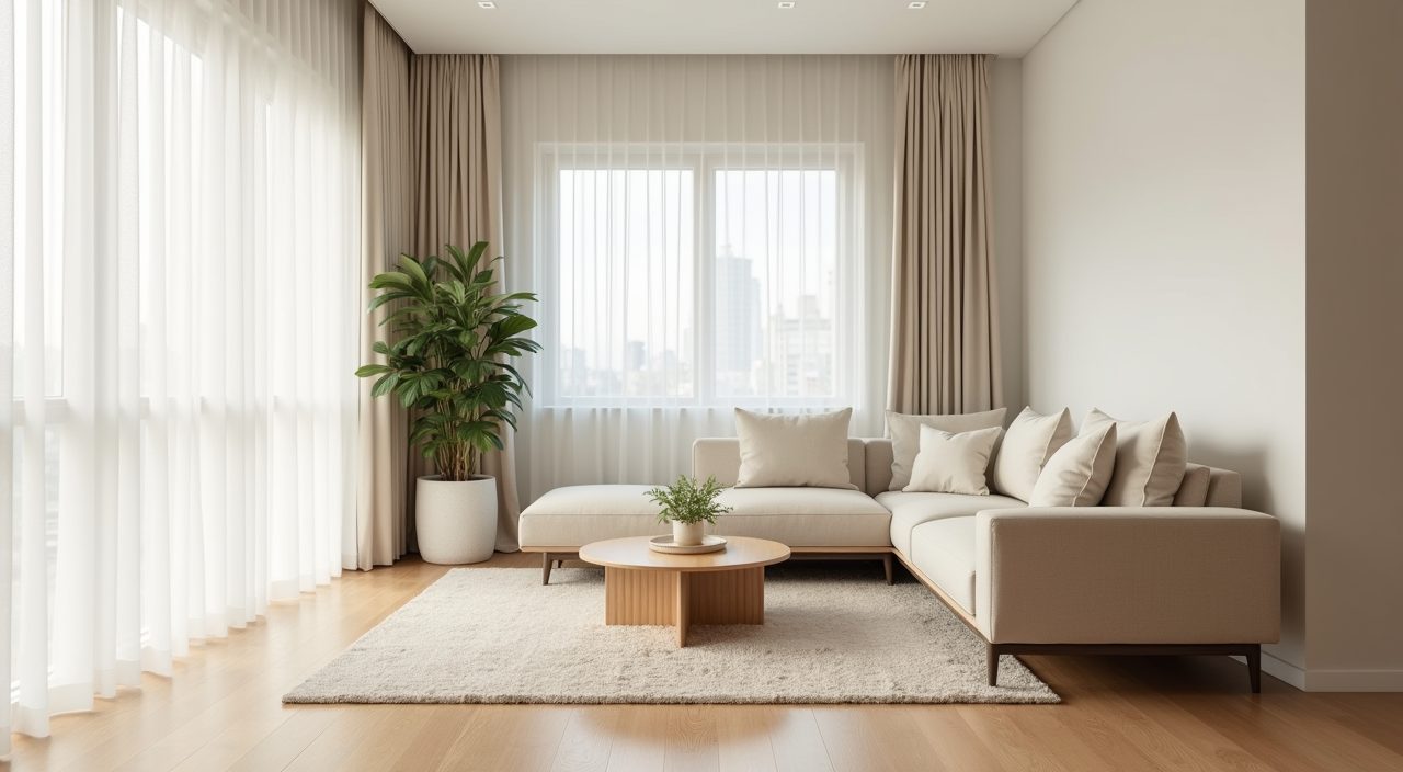 Full Scandinavian living room in a Singapore HDB flat with light wood, low furniture and greenery