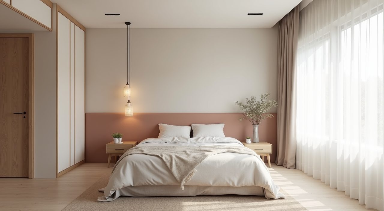 Scandinavian master bedroom with warm off white and greige walls and a muted clay accent wall in a Singapore HDB flat
