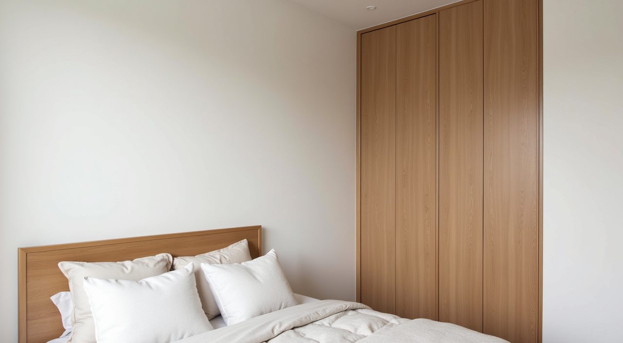 Scandinavian bedroom light oak bed frame and matte oak veneer wardrobe fronts in a Singapore condo