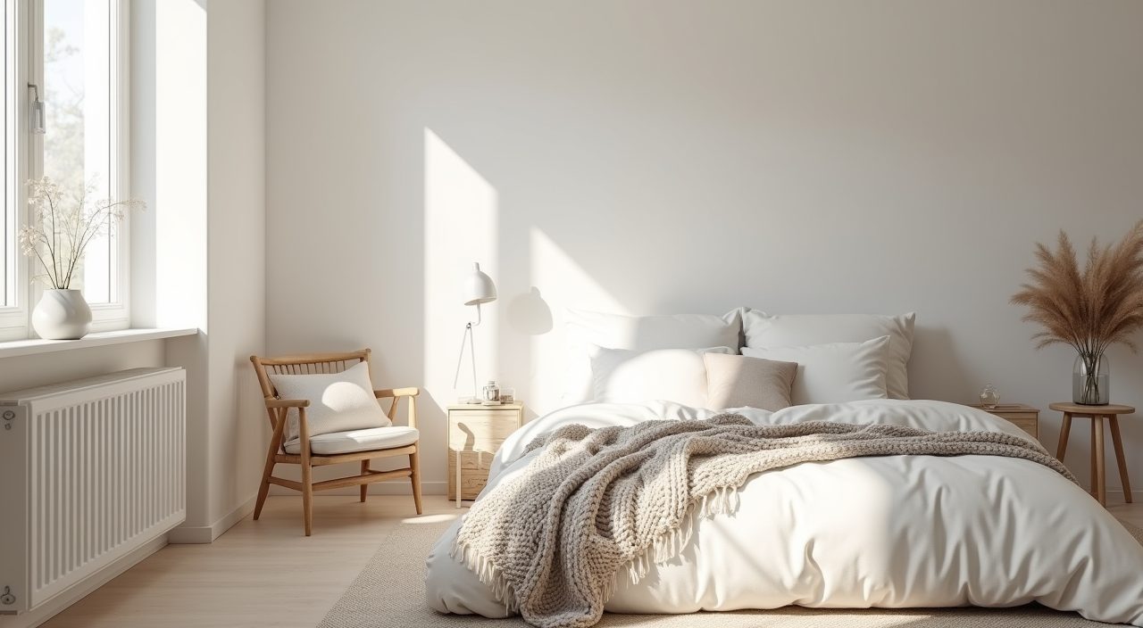 Scandinavian master bedroom mood shot with soft morning light on linen bedding and wool rug in a Singapore apartment