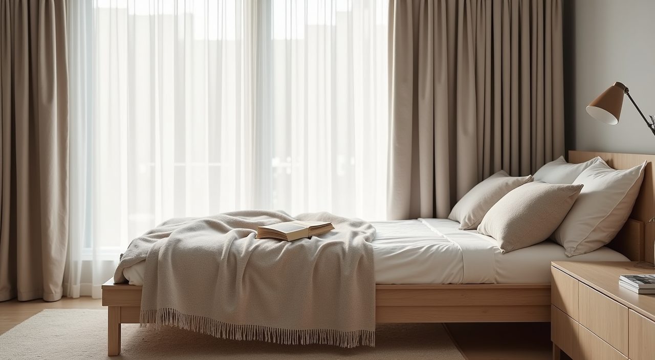 Scandinavian bedroom reading nook corner with light oak bench and sheer linen curtain in a Singapore home