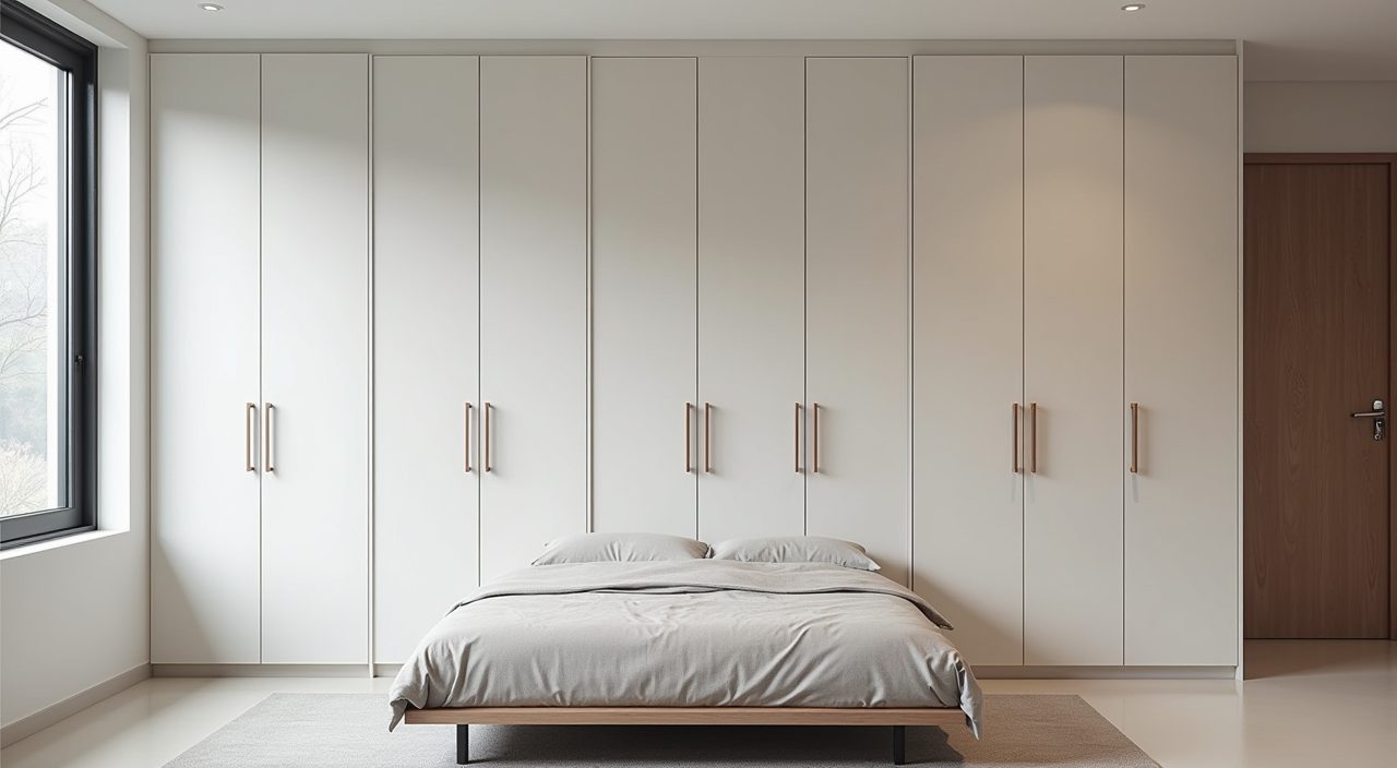 Scandinavian bedroom full height handleless built in wardrobe and low storage bed keeping the floor clear in a Singapore HDB flat