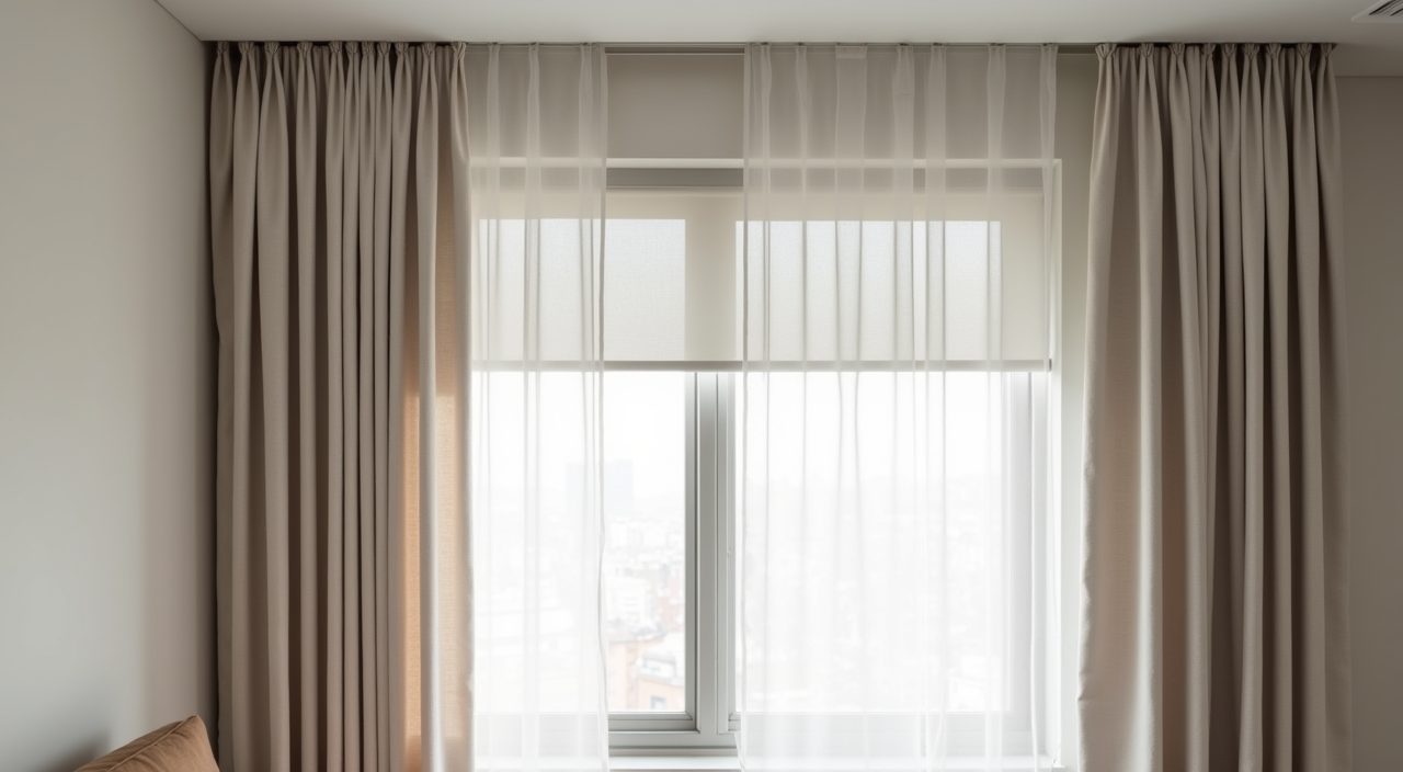 Scandinavian bedroom window with layered sheer linen curtain and blackout blind controlling tropical sun in a Singapore apartment