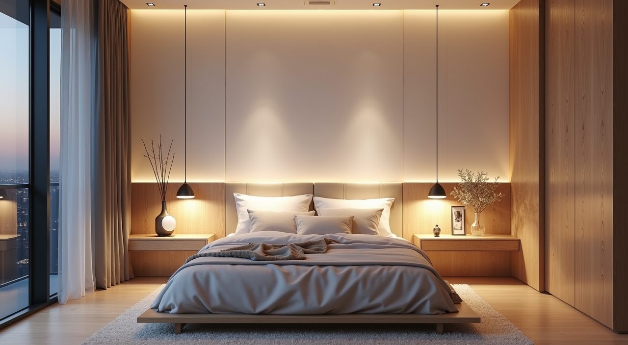 Scandinavian bedroom layered warm white lighting with bedside pendants and headboard strip glow in a Singapore condo