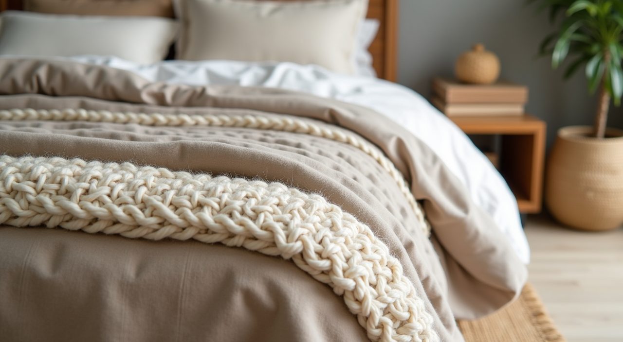 Scandinavian bedroom close up of chunky knit throw, linen duvet, jute rug and rattan texture in tonal neutrals in a Singapore home