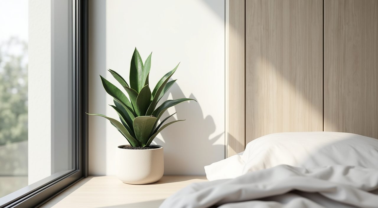 Scandinavian bedroom corner with a hardy snake plant on a pale wood ledge in a Singapore condo
