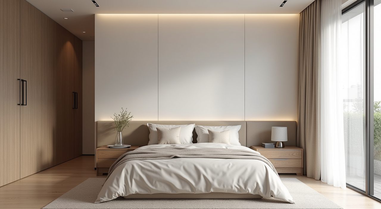 Scandinavian master bedroom with a centred queen bed and low oatmeal upholstered headboard as focal point in a Singapore HDB flat