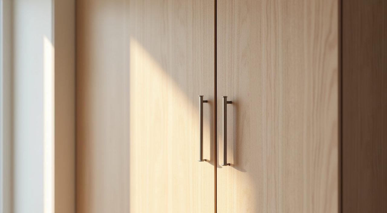 Scandinavian bedroom handleless matte wood grain wardrobe door with recessed pull detail in a Singapore home