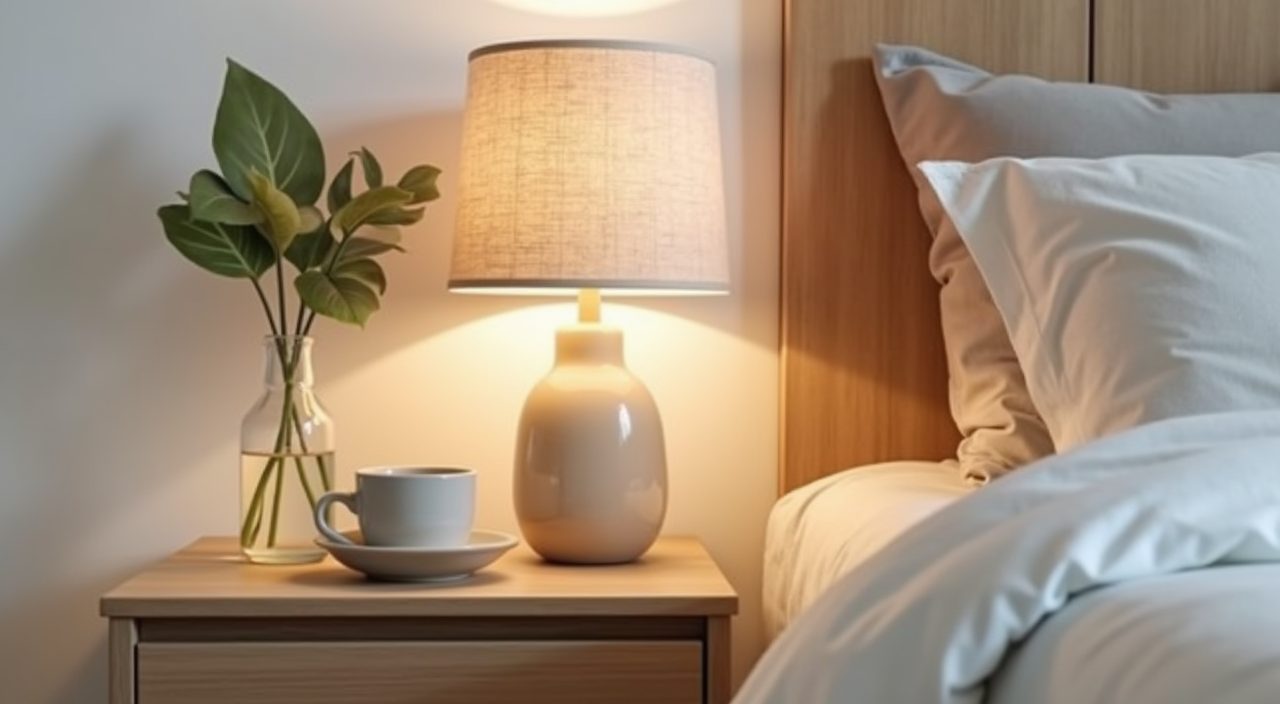 Scandinavian bedroom floating pale wood nightstand and warm wall reading light detail in a Singapore condo
