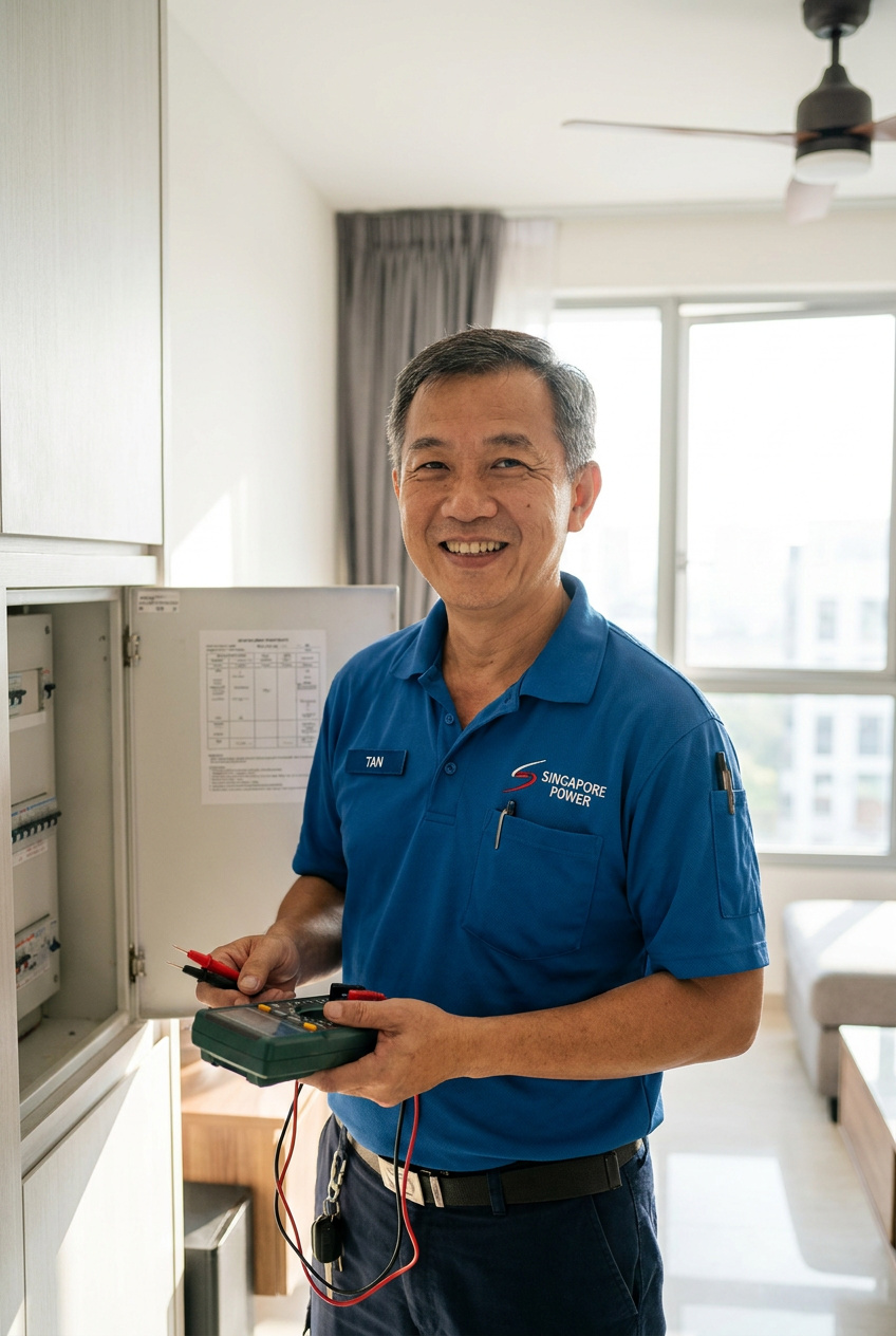 Licensed electrician working in a Singapore home